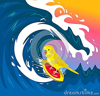 Budgerigar surging on wave. Perfect for decor such as posters, wall art, tote bag, t-shirt print, mobile case. Vector Illustration